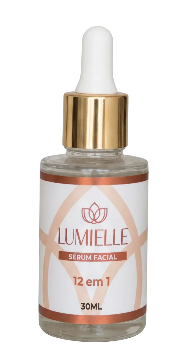 Frasco do Sérum Facial Lumielle 12 em 1 de 30ml com tampa dourada