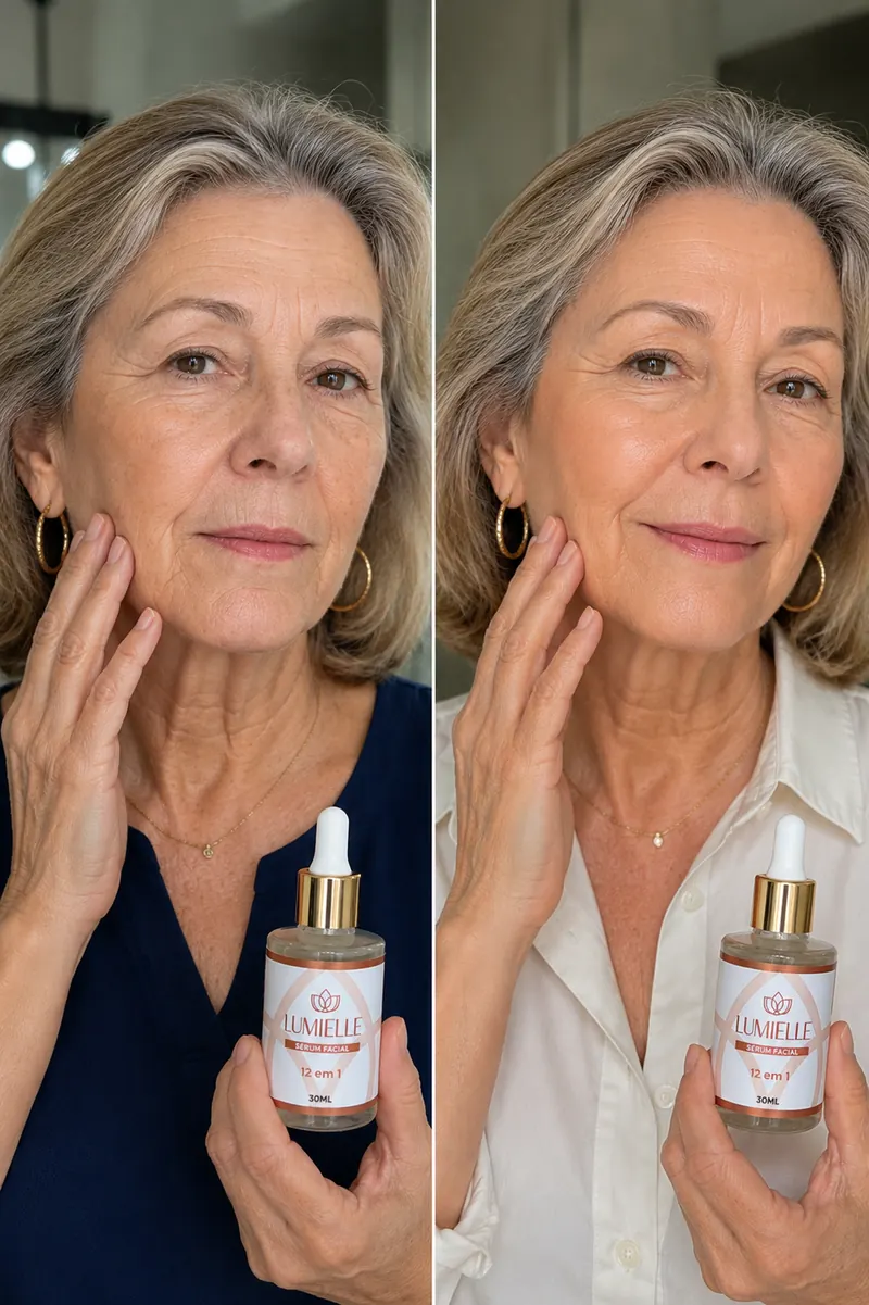 Comparação antes e depois de mulher madura tocando o rosto com o frasco Lumielle